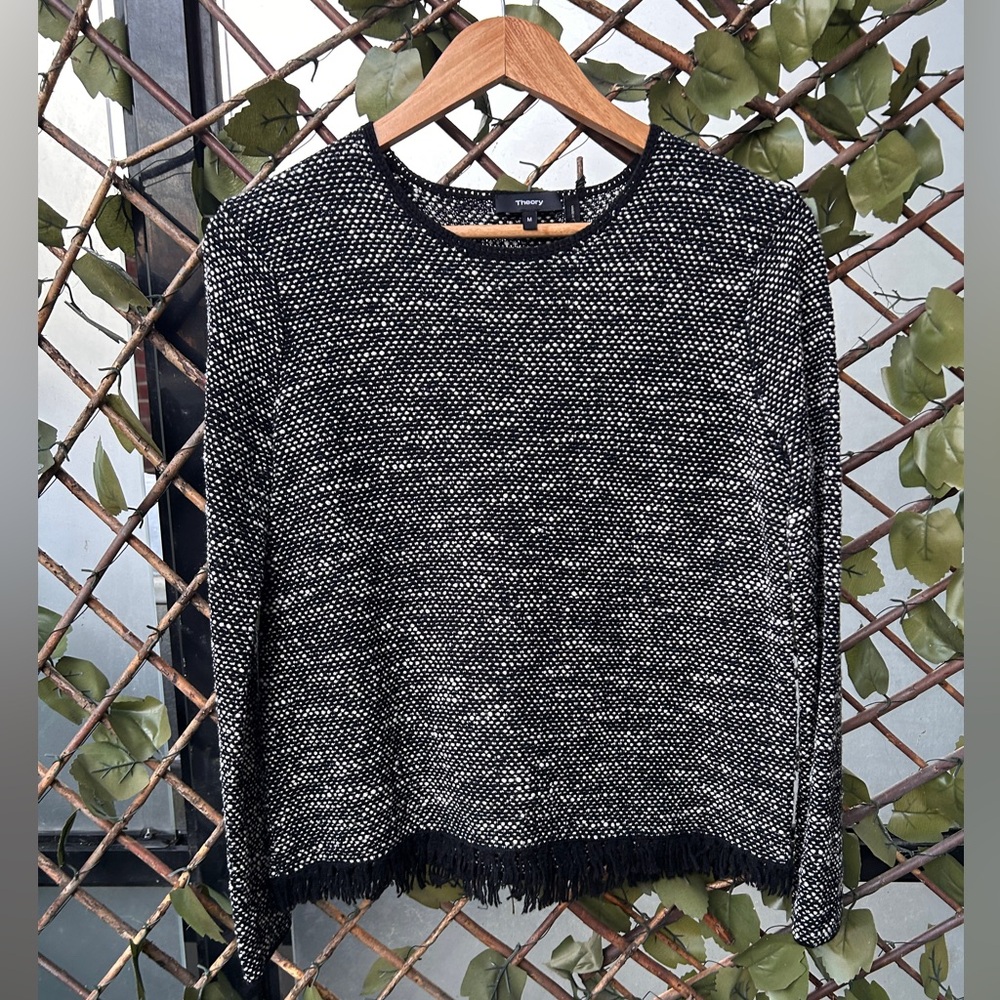 Theory Vendla black and white fringe top